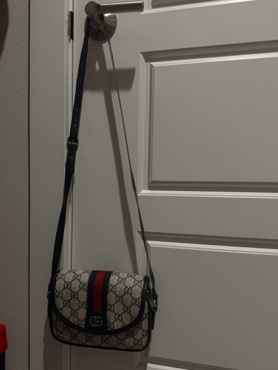 Gucci Beige/Blue GG Supreme Crossbody with Red Stripe